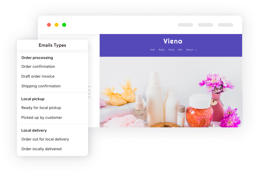 Shopify email customization interface showing email types and a website preview.